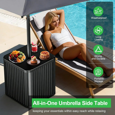 Person relaxing by poolside with Dope 2 In 1 Outdoor Umbrella Stand Side Table, featuring fillable base and tray with snacks.