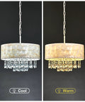 Showstopping Four Lights Drum Crystal Shade Black Chandelier Pendant Light for kitchen, dining, and living room in cool and warm light