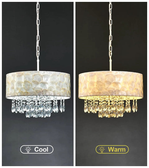 Showstopping Four Lights Drum Crystal Shade Black Chandelier Pendant Light for kitchen, dining, and living room in cool and warm light