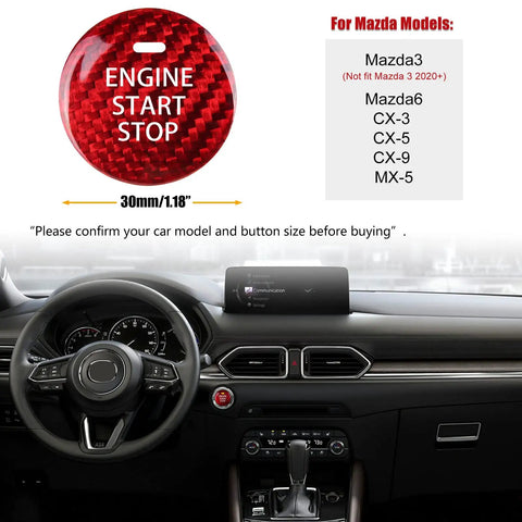 Mazda Real Carbon Fiber Start Stop Button Cover Trim Sticker For Mazda 3 6 CX3 CX5 CX9 MX5 with red trim, installed in car interior.
