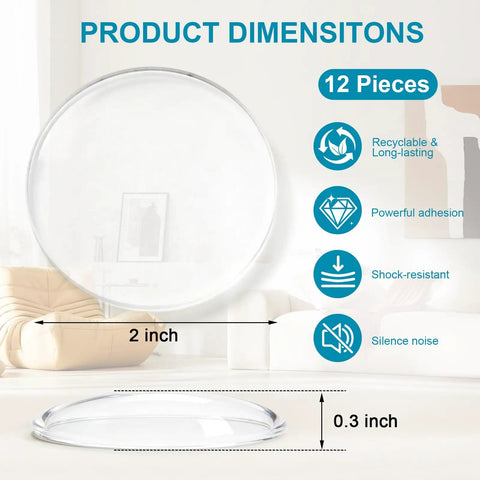 Heavy Duty Silicone Door Stoppers For Wall Peel And Stick Quick Pick Up showing 12 pieces, clear round pads, 2 inch diameter, shock-resistant.