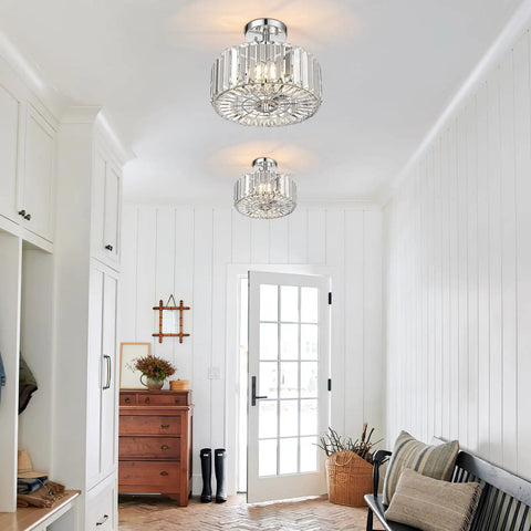 Gold Finish 11.88 Inch Semi Flush Mount Crystal Ceiling Light with Two Lights in a modern hallway.