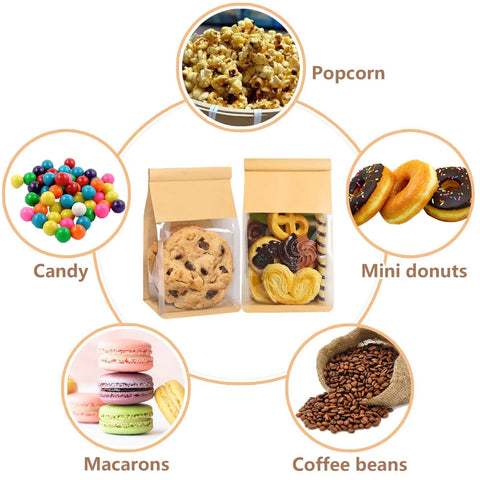 Tin Tie Bakery Bags With Window, 50 Pack Resealable Cookie Bags For Grab And Go Muffins, Granola, Candies, Scones, Brownies 8.2x3.9x3.1 Inch