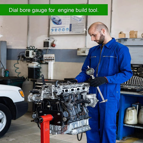 HDLNKAK digital bore gauge set with LCD indicator; mechanic in blue coveralls measures engine cylinder bore on a stand.