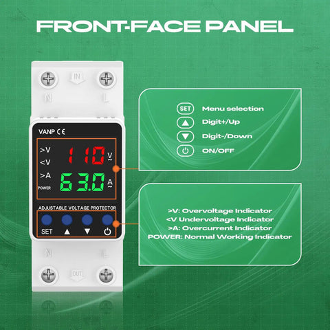 Adjustable Voltage Protector Built Tough With 110V And 1 To 63A Smart Circuit Breaker Overcurrent Protection Low Voltage Cutoff 80 To 110V High Voltage Cutoff 130 To 150V DIN Rail AC Disconnect front panel with digital display
