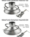 Slick Portable Soldering Fume Hood With Rock Solid Hose Clamps And Six Feet Of Flexible Nylon Tubing For Pristine Shop Air and No Fuss Electronics Hobbying That Hits The Mark, metal fume hood with large and small openings.