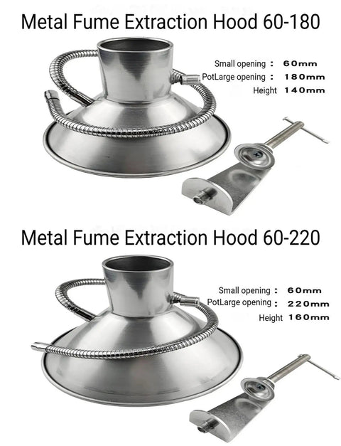 Slick Portable Soldering Fume Hood With Rock Solid Hose Clamps And Six Feet Of Flexible Nylon Tubing For Pristine Shop Air and No Fuss Electronics Hobbying That Hits The Mark, metal fume hood with large and small openings.