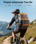 Cyclist with 30W Portable Foldable Solar Panel Charger With USB A And USB C Fast Charging for iPhone iPad Samsung on backpack