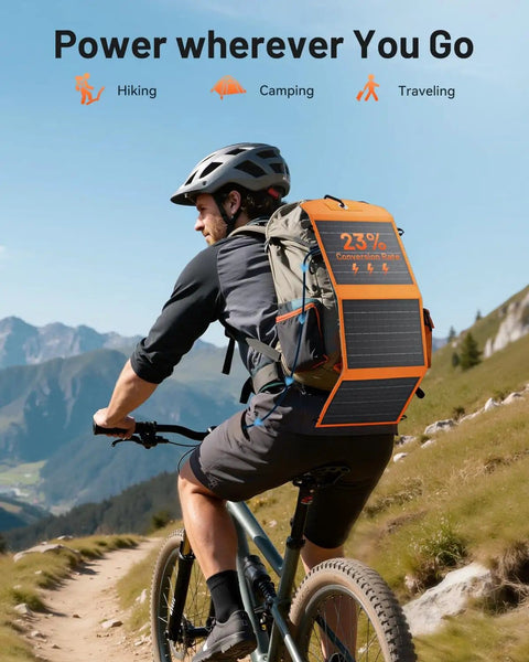 Cyclist with 30W Portable Foldable Solar Panel Charger With USB A And USB C Fast Charging for iPhone iPad Samsung on backpack
