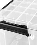 Close-up of Built Like A Tank 34 Quart Gasket Storage Boxes With Lids handle, featuring sturdy design for easy transport.