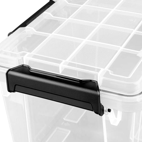 Close-up of Built Like A Tank 34 Quart Gasket Storage Boxes With Lids handle, featuring sturdy design for easy transport.