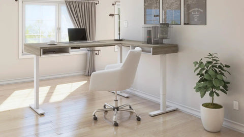 L Shaped Electric Standing Desk Adjustable Height Commercial Workstation Heavy Duty Desktop Melamine Finish Walnut Grey White 72 Inch Width in office