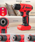 Grab And Go 101 Piece 8V Cordless Drill Set with USB C Recharge, showing brushless motor, keyless chuck, and LED work light in red case.