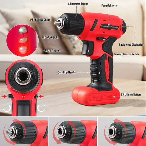 Grab And Go 101 Piece 8V Cordless Drill Set with USB C Recharge, showing brushless motor, keyless chuck, and LED work light in red case.