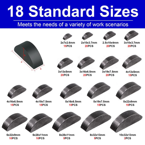 FullMayPro 557-pc Woodruff key assortment kit in 18 sizes; includes 257 half-moon and 300 round-ended keys