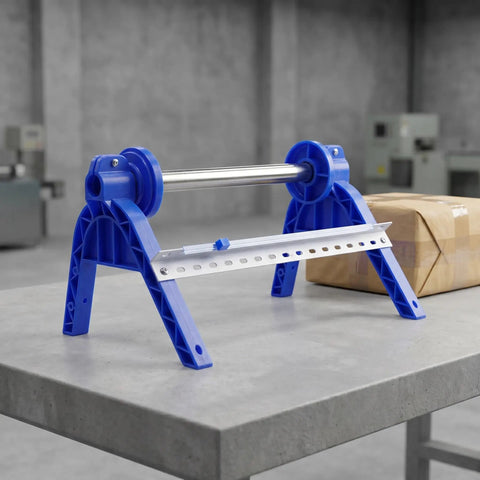 Plastic Wrap Dispenser With Cutter For Tabletop Use, blue manual packaging tool on table with box, ideal for cling wrap.