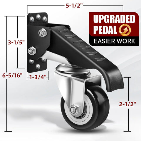 Retractable Workbench Casters Kit For Heavy Duty Benches 600 Lbs Capacity Adjustable Wheels showing dimensions and upgraded pedal
