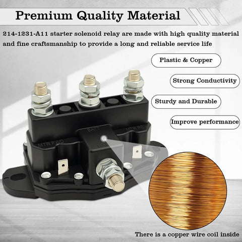 Beefed Up Starter Solenoid 12V 6 Terminal Relay Switch with plastic and copper materials, showing strong conductivity and durability