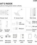 Luxury Ceiling Mount Shower System With Integrated Bluetooth Music Player And Brushed Gold Rainfall Panel For A Fast Bathroom Makeover That Drops Serious Spa Vibes Daily parts layout includes shower heads, body jets, controllers.