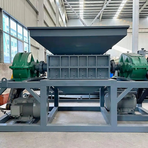 Heavy Duty Dual Shaft Tire Shredder Machine For Fleet Trucks And Standard Cars Ultimate Rubber Recycling Grinder side view with large feed hopper.
