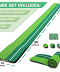 Indoor Putting Green Kit With Foldable 8 Foot Mat For Home Office Practice, shown unrolled with dimensions and accessories.