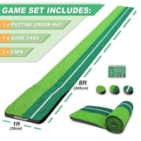 Indoor Putting Green Kit With Foldable 8 Foot Mat For Home Office Practice, shown unrolled with dimensions and accessories.