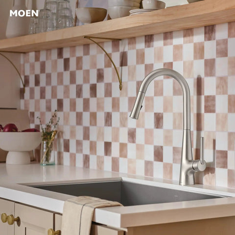 Top Shelf Pulldown Kitchen Faucet In Slick Spot Resist Stainless Steel with 360 swivel spout in a modern kitchen setting.