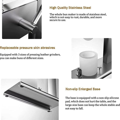 Details of the Baozi Maker Semi Automatic Bun Press With Steel Body showing stainless steel, molds, and non-slip base.