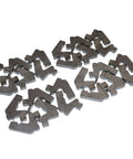 Gooseneck Dies For 12 And 20 Ton Finger Brakes Fit Bend Up To Quarter Inch Material Heavy Duty USA Made Weld In Custom U Shaped Brackets Unassembled Dies For Flexible Fabrication Projects showing unassembled metal pieces on a white background.