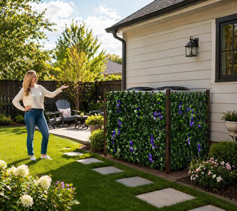 Expandable Wooden Privacy Fence Panel With Dope Artificial Flowers And Greenery For Outdoor Privacy Screen next to a house wall