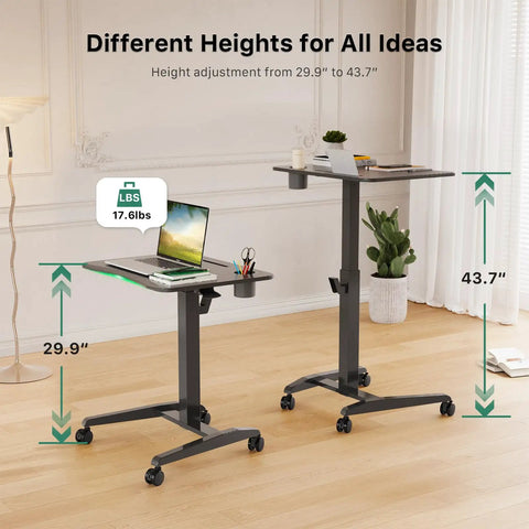Height Adjustable Rolling Laptop Desk With Cup Holder And Wheels 27 Inch Portable Sit Stand Workstation On Pneumatic Lift