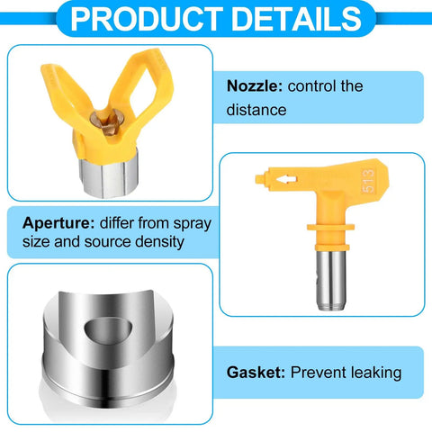 Heavy Duty Airless Paint Spray Gun 3 Pack With 513 515 519 Tips features nozzles, apertures, and gaskets for efficient painting.