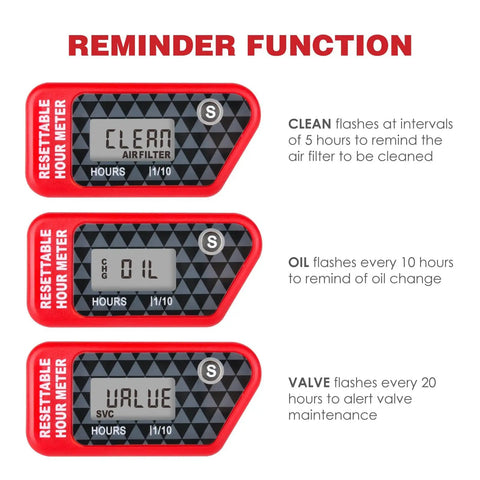 Hour Meter With Maintenance Reminder And Data Storage For Lawn Mower Chainsaw Dirt Bike Motorcycle And Marine Equipment Automatically Tracks Total Run Time When Spark Plug Signals Wake It Up And Lets You Reset The Timer, red housing