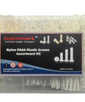 Rock Solid 760 Piece M6 Nylon Screw Assortment Pack Bang For The Buck Phillips Pan Head Metric Fasteners With Hex Nuts And Flat Washers Chemical Resistant Heavy Duty Tool Box Essential in clear storage box.