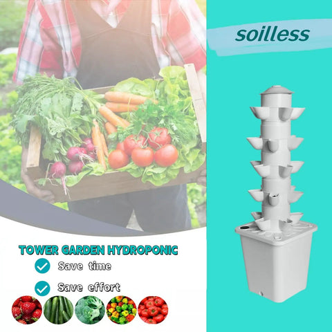 Hydroponic Vertical Garden System For Indoor Growing featuring a soilless white tower and fresh harvested vegetables nearby