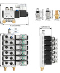 Six Station Solenoid Valve Manifold Kit With Easy Install And Space Saving Design, 24V DC Five Way Two Position Pneumatic Air Valve With One Quarter Inch PT Port, Includes Manifold Base And Mufflers, 4V210-08 image showing dimensions and components