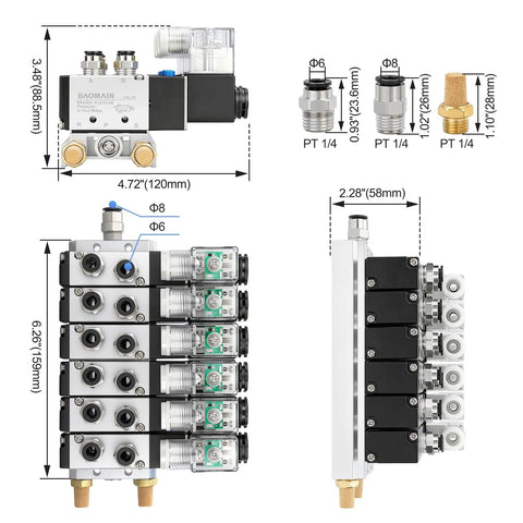 Diagram of Six Port Pneumatic Solenoid Valve 4V210-08 AC 24V, showing dimensions and fittings with base muffler, for industrial use.