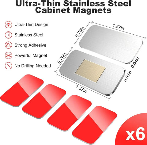 No Drill Ultra Thin Stainless Steel Cabinet Magnets with Strong Adhesive for Easy Closure shown in 6-pack, dimensions listed