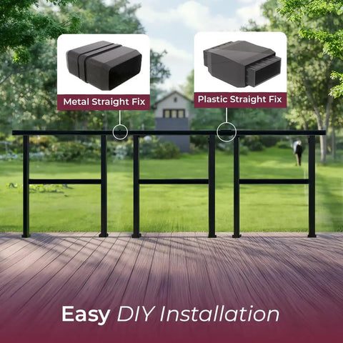 Horizontal Metal Deck Railing For Flat Surfaces, 4 ft wide black straight handrail with connectors, shown outdoors with easy install