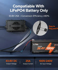 36V 25A LiFePO4 Charger With 38.4V Ready Output, IP65 Waterproof Beast Build, Fast 3x Charging For Golf Carts, RVs, Boats, And Trolling Motors, 0V Activation And LED Indicator connected to LiFePO4 battery with output details.