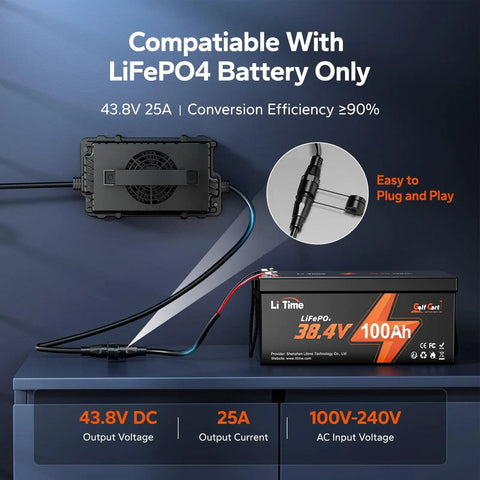 36V 25A LiFePO4 Charger With 38.4V Ready Output, IP65 Waterproof Beast Build, Fast 3x Charging For Golf Carts, RVs, Boats, And Trolling Motors, 0V Activation And LED Indicator connected to LiFePO4 battery with output details.