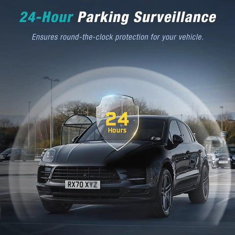 Black SUV with overlay showcasing 24-hour protection by the Four Channel 2.5K Dash Cam With Front Rear Left Right Coverage.