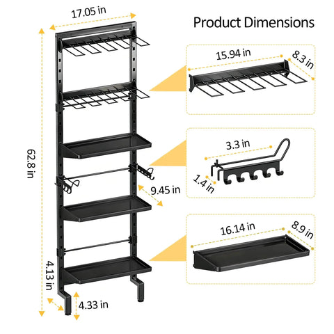 Five Tier Vertical Wall Mount Tool Storage Rack For Garage Heavy Duty Metal Organizer With Eight Drill Holder Slots Adjustable Shelves