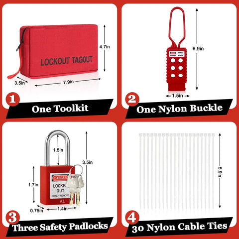 Pro Grade Electrical Lockout Tagout Kit with red toolkit, nylon buckle, safety padlocks, and nylon cable ties for safe power shutoffs.