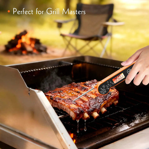 Using Digital Meat Thermometer With Backlight And Hold Calibration And Waterproof IP65 Fast 1 To 2 Second Temperature Read Ultra Accurate From -58F To 572F on grilled ribs outdoors