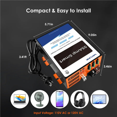 Rock Solid 55 Amp RV Power Converter And Battery Charger 120V AC To 12V DC Plug And Play Replacement for Campers Trailers, compact design.