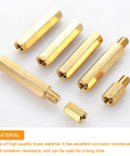 Brass Hex Spacers And Standoffs Kit 210 Piece Assortment For M2 M3 M4 M5 with Male and Female Threads. Visible spacers and threads.