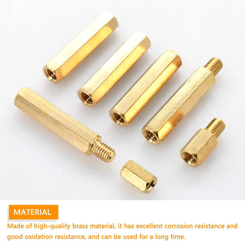 Brass Hex Spacers And Standoffs Kit 210 Piece Assortment For M2 M3 M4 M5 with Male and Female Threads. Visible spacers and threads.