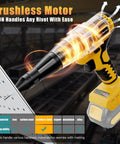 Brushless Cordless Rivet Gun Compatible With Dewalt 20V Max Battery Tool Only Spark Free Whisper Quiet Blind Fastener Driver with ergonomic design handling stainless steel.