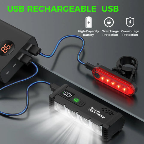 Ultra Bright 4800 Lumen USB Rechargeable Bike Lights Front And Rear LED Headlights With LCD Display Waterproof Night Riding Gear For Mountain And Road Cycling